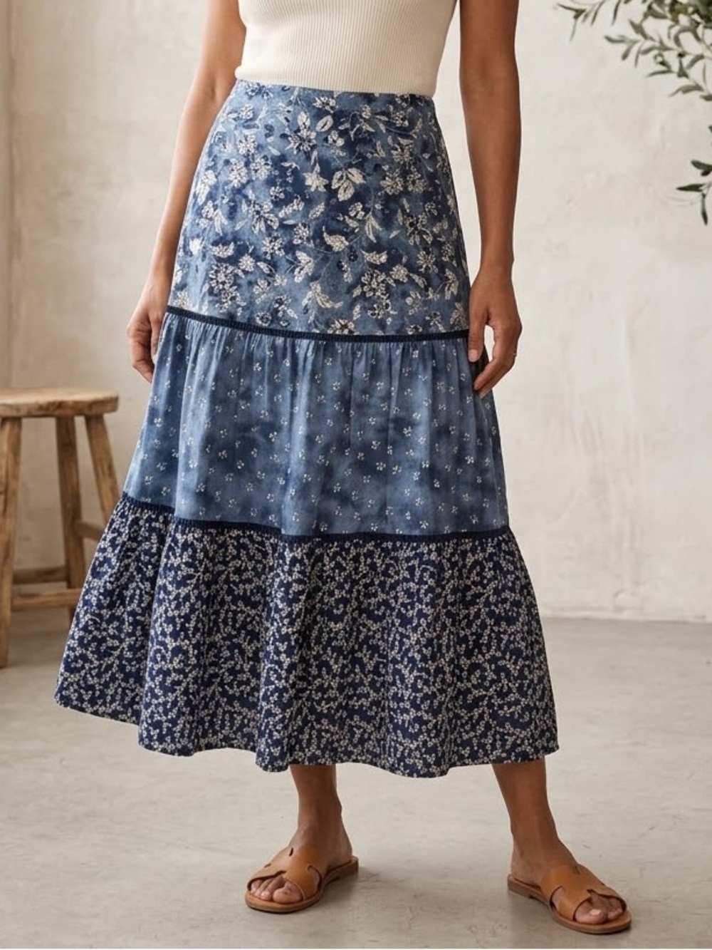 GAP Blue Floral Tiered Midi Skirt Patchwork Cotton Boho Cottagecore A-Line L